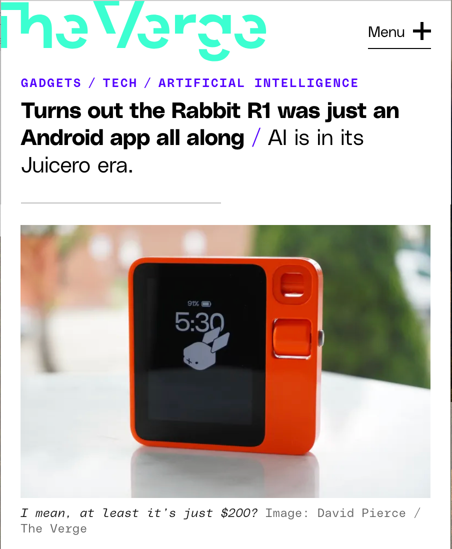 A headline above a square orange device with an LED touchscreen displaying the time says: Turns out the Rabbit R1 was just an Android app all along.
