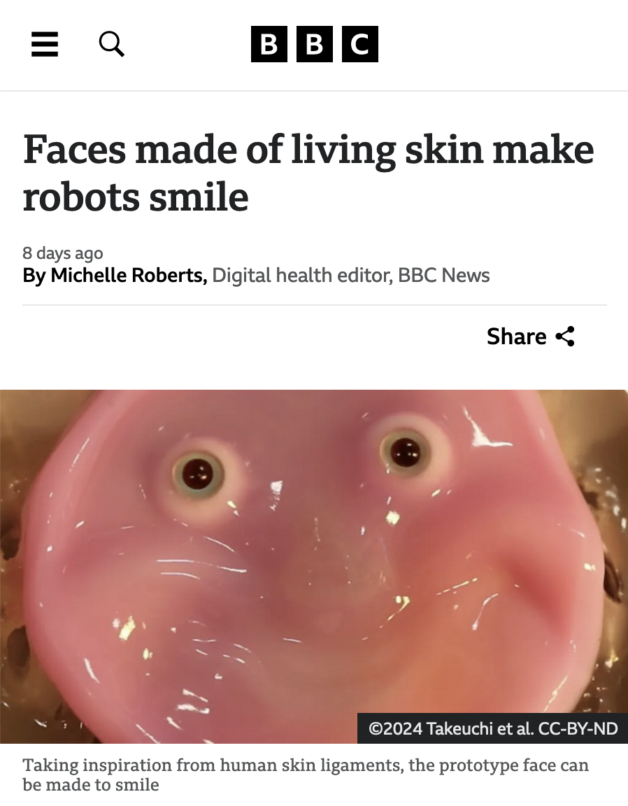 A round pink, jelly-like smiley face with eerily realistic eyeballs.