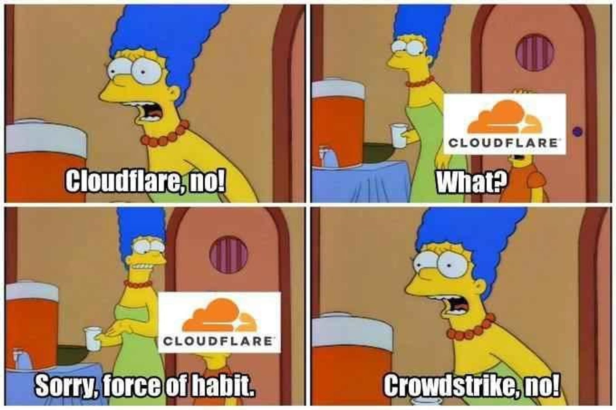 A meme of Marge Simpson mistakenly scolding Cloudflare (Bart) instead of CrowdStrike.