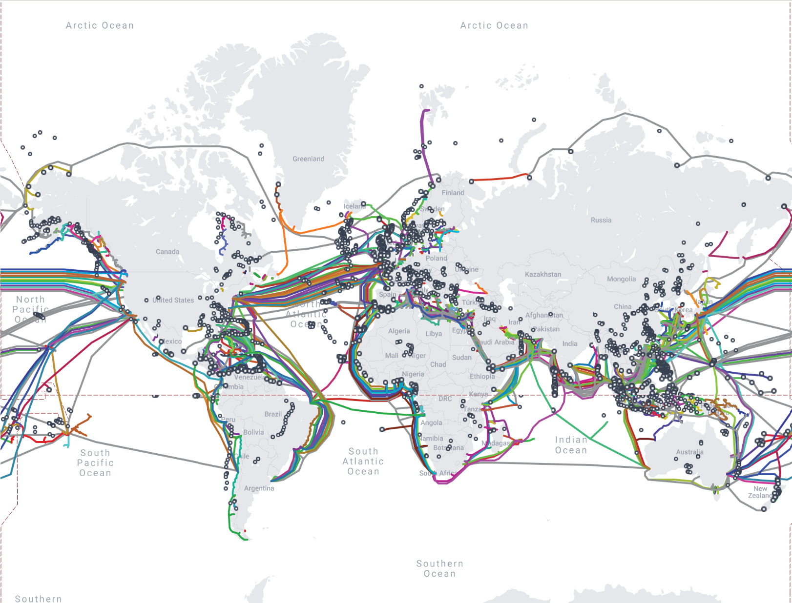 A map of the world showing in coloured lines the network of subsea cables concentrated around continental coastlines and crossing oceans.