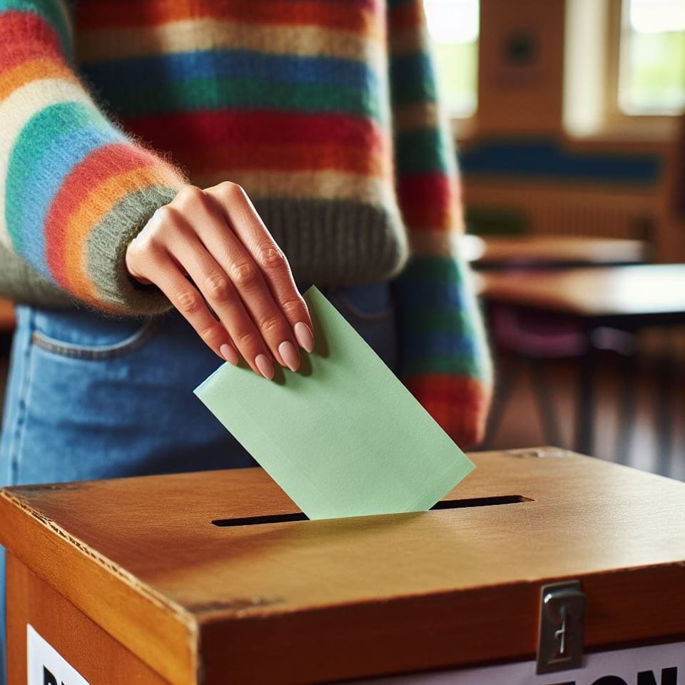 A woman in a colourful striped jumper puts a voting slip into a wooden ballot box.